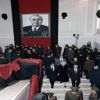 Vice President George Bush, Secretary of State George Shultz, Ambassador to the Soviet Union Arthur Hartman, Barbara Bush and others are escorted down the stairs at the Kremlin Palace after paying their respects at the funeral bier of Soviet leader Leo...